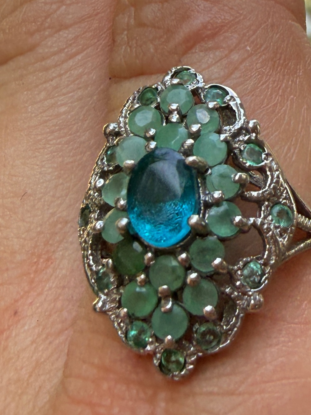 Ethiopian Blue Opal & Emerald vintage 
Ring 925 Silver 14K WG Sz8.5 - Picture 13 of 17
